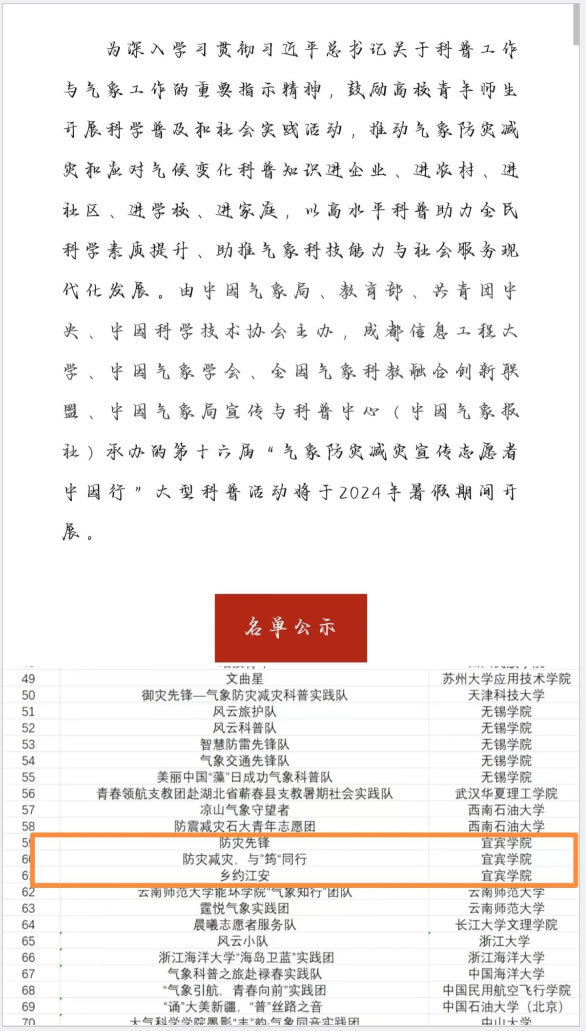 宜賓學院三支團隊成功入選“氣象防災減災宣傳志愿者中國行”活動