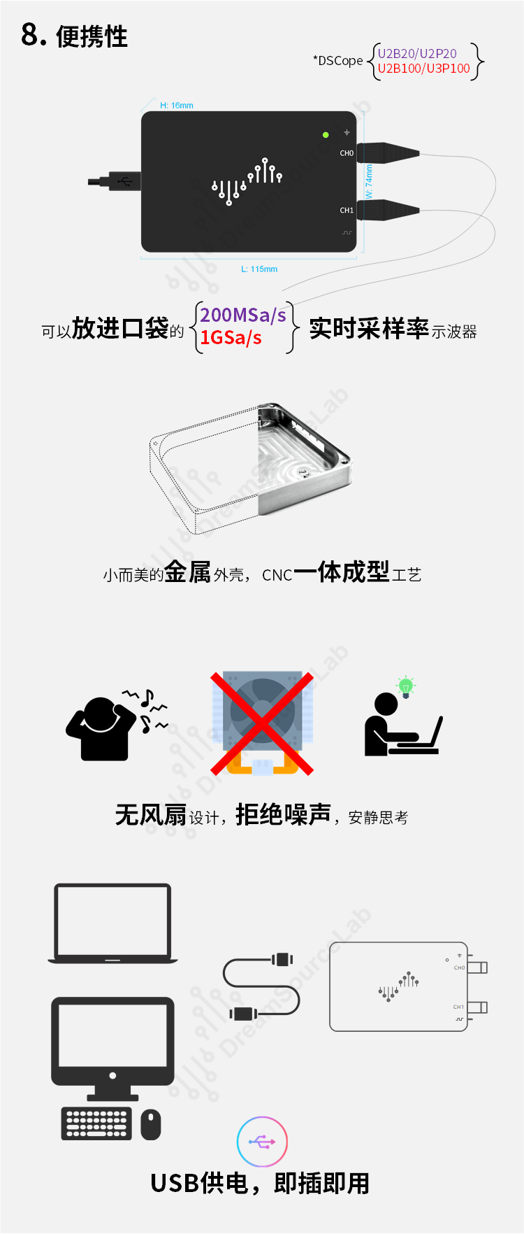 DSCope超便攜示波器 100M帶寬 1G采樣 雙通道 創客工具(DSCope U2B100)